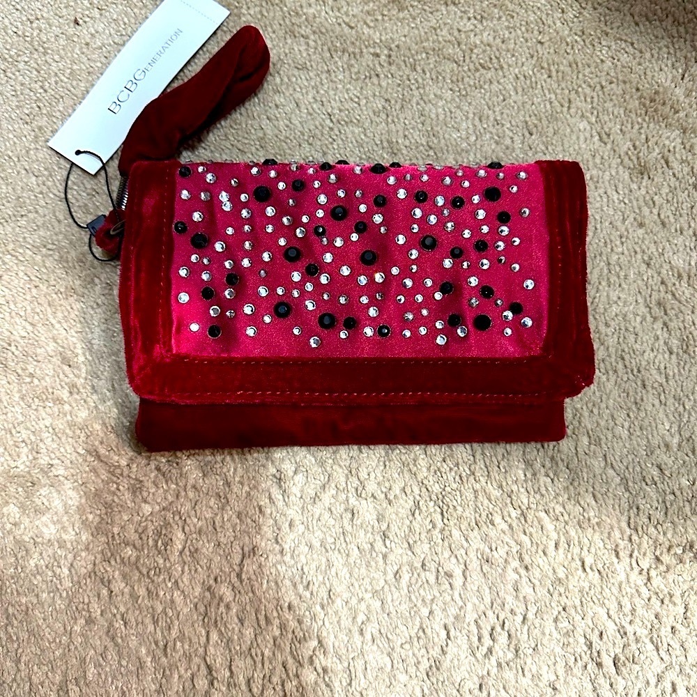 BCBGeneration Red and Black Embellished Wristlet Clutch